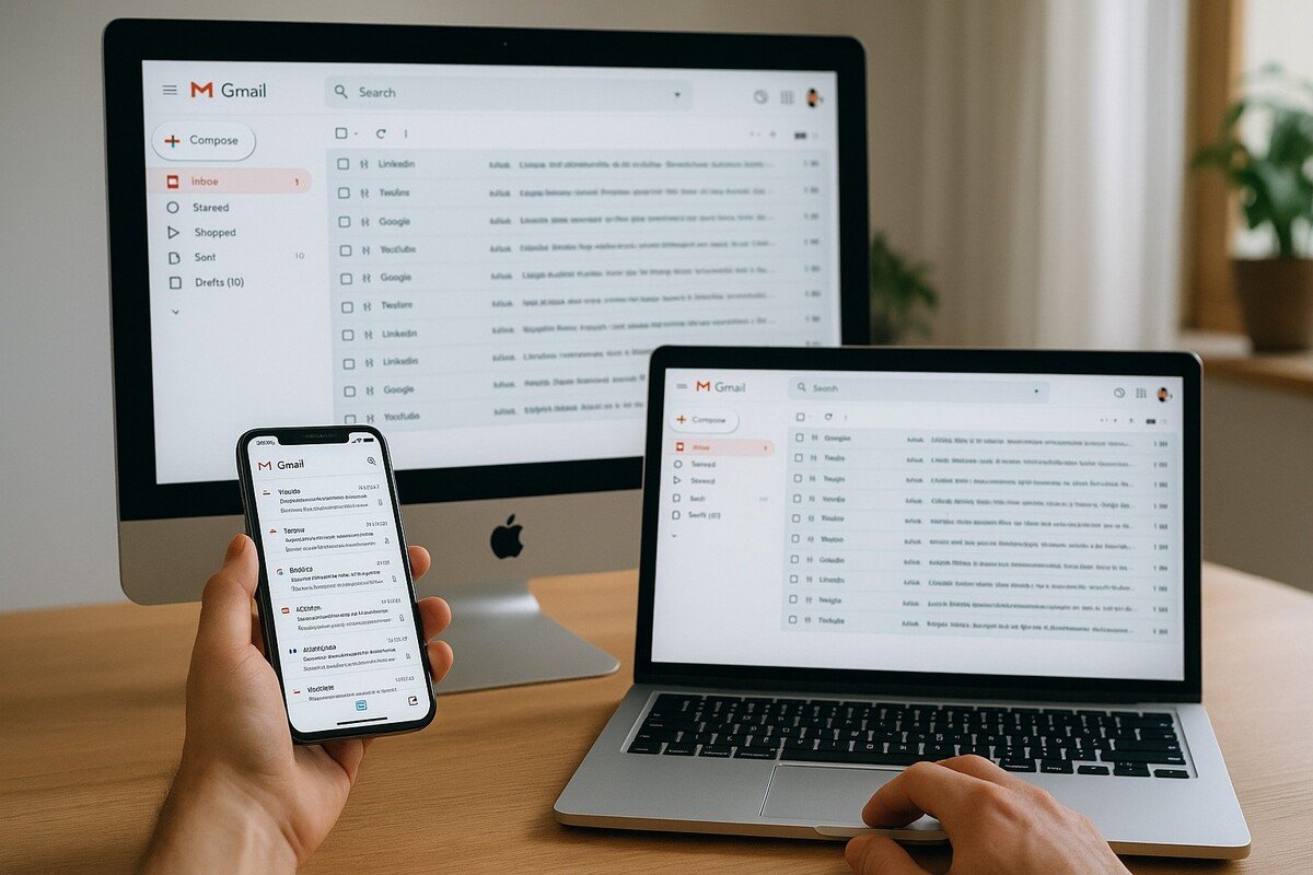 Person, die Gmail auf einem Desktop, Laptop und Smartphone verwendet. Effiziente E-Mail-Verwaltung.