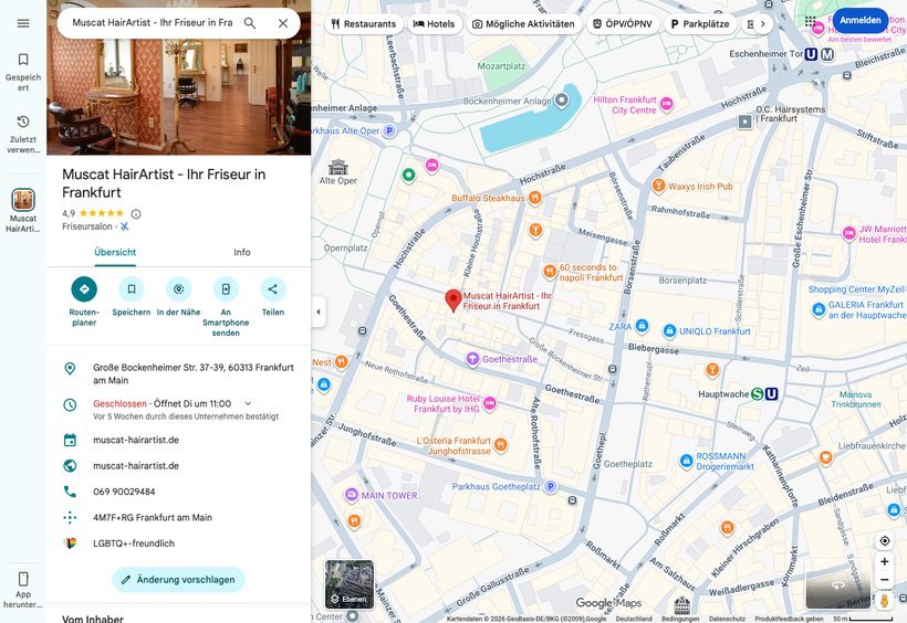 Google-Business-Profil von Muscat HairArtist in Google Maps mit Bewertung, Adresse und Öffnungszeiten