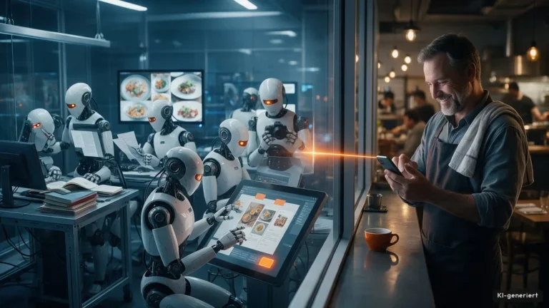 Roboter erstellen hinter einer Glaswand einen Blogbeitrag, ein Restaurant-Inhaber gibt ihn am Tresen per Smartphone frei (KI-generiert)