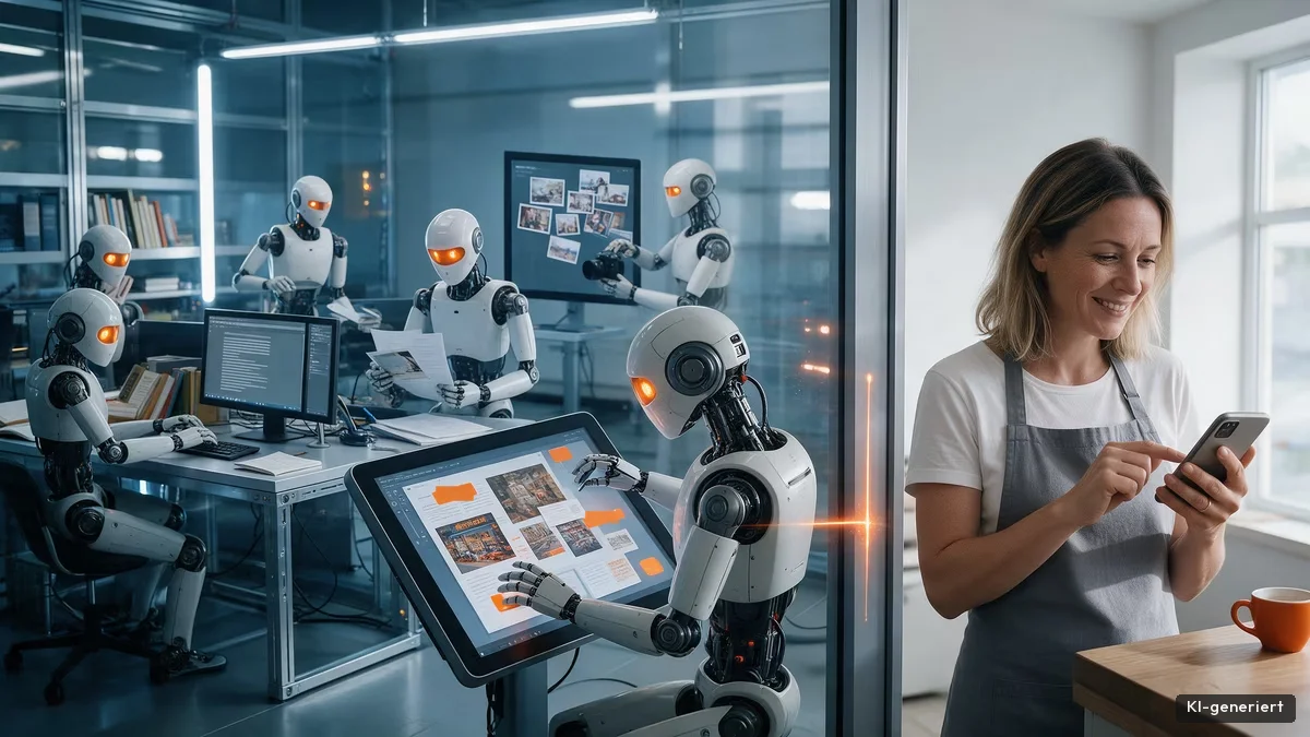 Blog mit KI pflegen: Roboter stellen einen Beitrag zusammen, eine Ladeninhaberin gibt ihn mit einem Tipp auf dem Smartphone frei (KI-generiert)